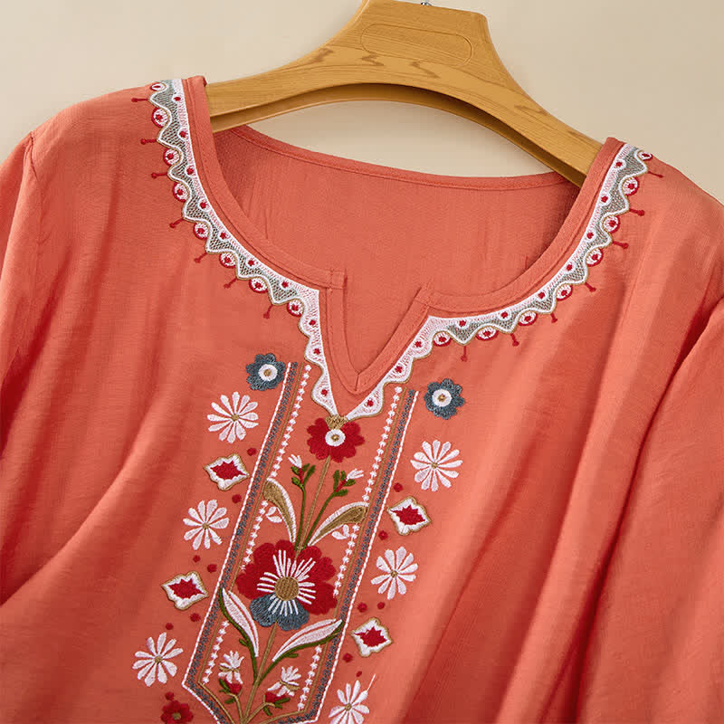 Buddha Stones 春らしいボヘミアン風刺繍入りコットンリネン素材の肘丈袖レディースTシャツ - image 2