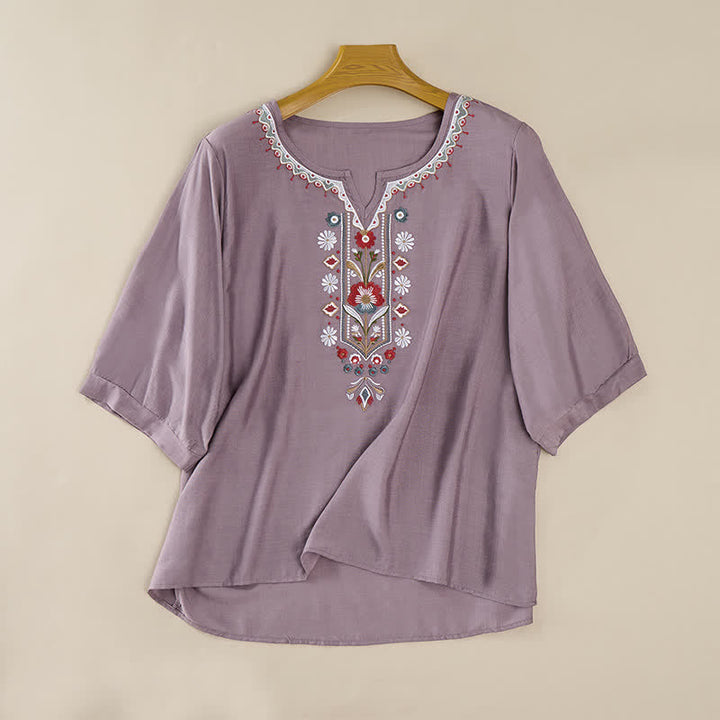 Buddha Stones 春らしいボヘミアン風刺繍入りコットンリネン素材の肘丈袖レディースTシャツ - image 7