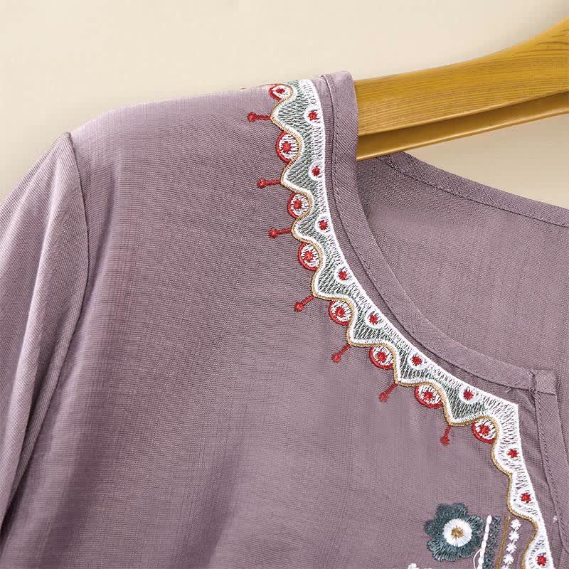 Buddha Stones 春らしいボヘミアン風刺繍入りコットンリネン素材の肘丈袖レディースTシャツ - image 10