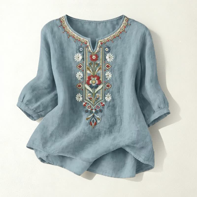 Buddha Stones 春らしいボヘミアン風刺繍入りコットンリネン素材の肘丈袖レディースTシャツ - ティール - US16、 UK/AU20、 EU48 (3XL) - image 25