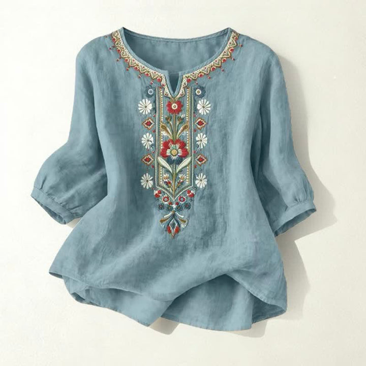 Buddha Stones 春らしいボヘミアン風刺繍入りコットンリネン素材の肘丈袖レディースTシャツ - ティール - US16、 UK/AU20、 EU48 (3XL) - image 25