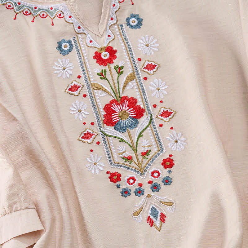 Buddha Stones 春らしいボヘミアン風刺繍入りコットンリネン素材の肘丈袖レディースTシャツ - image 16