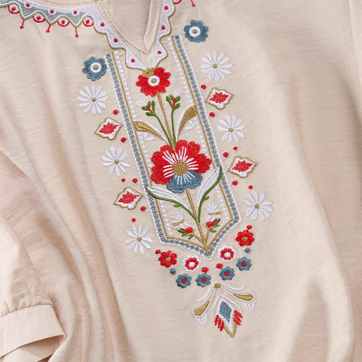 Buddha Stones 春らしいボヘミアン風刺繍入りコットンリネン素材の肘丈袖レディースTシャツ - image 16