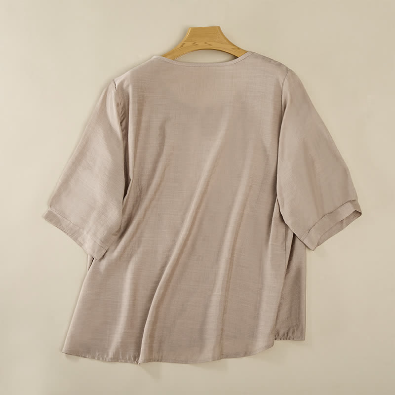Buddha Stones 春らしいボヘミアン風刺繍入りコットンリネン素材の肘丈袖レディースTシャツ - image 19
