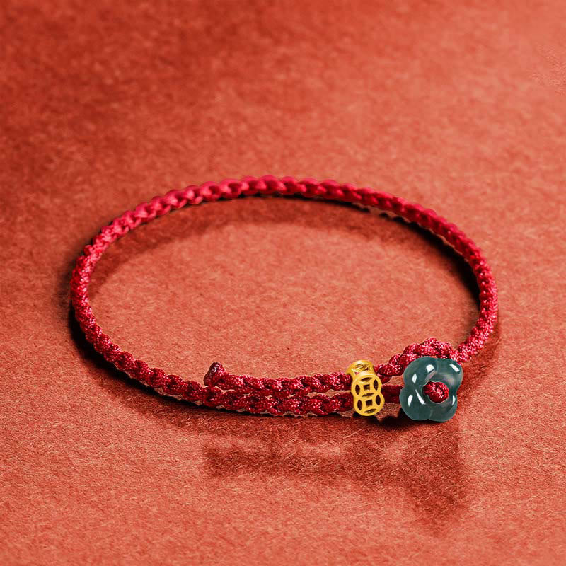 Buddha Stones 翡翠の花の幸運を呼ぶ銅貨と赤紐のブレスレット - image 2