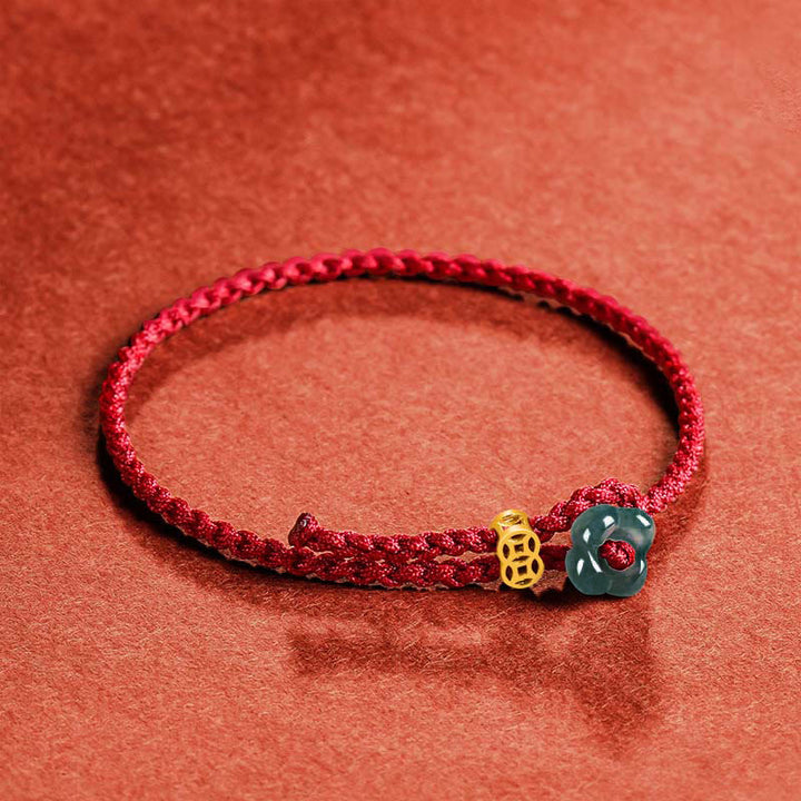 Buddha Stones 翡翠の花の幸運を呼ぶ銅貨と赤紐のブレスレット - image 2