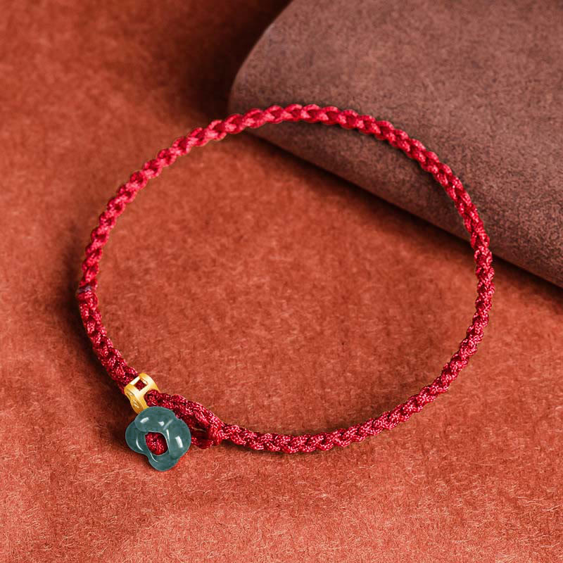 Buddha Stones 翡翠の花の幸運を呼ぶ銅貨と赤紐のブレスレット - image 1