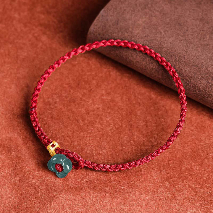 Buddha Stones 翡翠の花の幸運を呼ぶ銅貨と赤紐のブレスレット - image 1