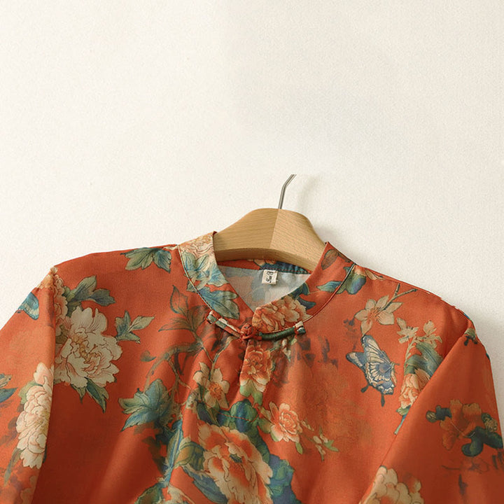 Buddha Stones スタンドカラー、フロッグボタン、花柄プリント柄、半袖ミニドレス - image 10