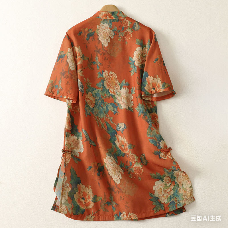 Buddha Stones スタンドカラー、フロッグボタン、花柄プリント柄、半袖ミニドレス - image 9