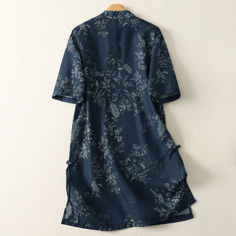 Buddha Stones スタンドカラー、フロッグボタン、花柄プリント柄、半袖ミニドレス - image 1