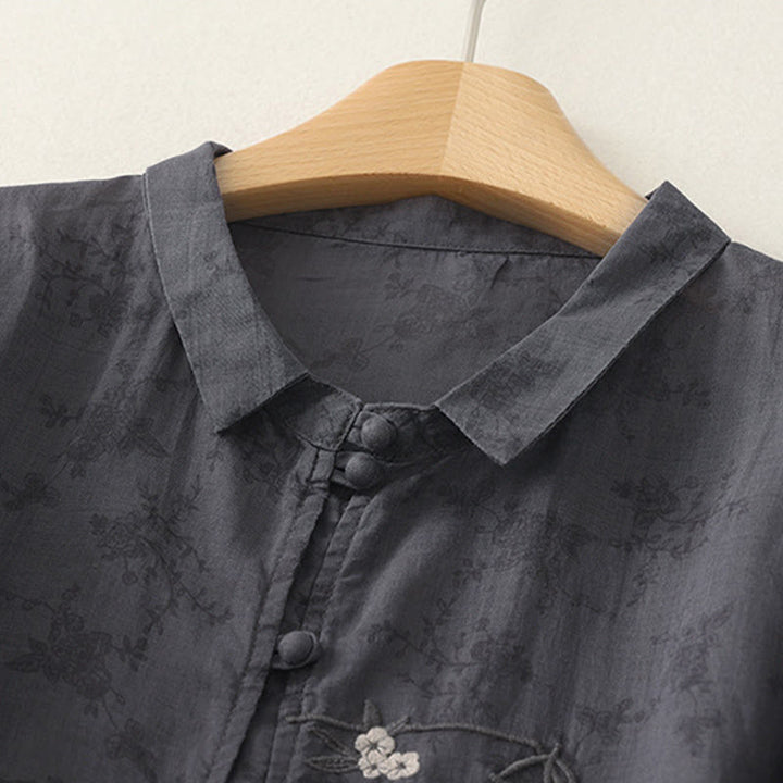 Buddha Stones スタンドカラー、刺繍ボタンデザイン、七分袖、夏用レディースシャツ - image 1
