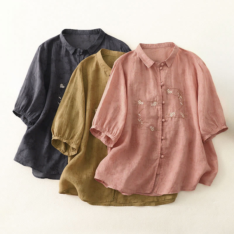 Buddha Stones スタンドカラー、刺繍ボタンデザイン、七分袖、夏用レディースシャツ - image 19