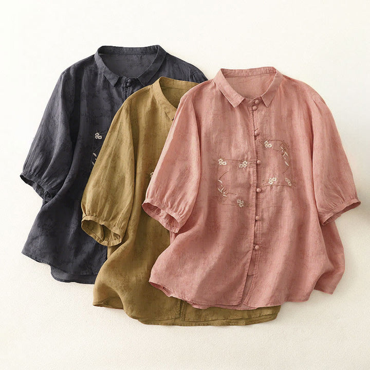 Buddha Stones スタンドカラー、刺繍ボタンデザイン、七分袖、夏用レディースシャツ - image 19