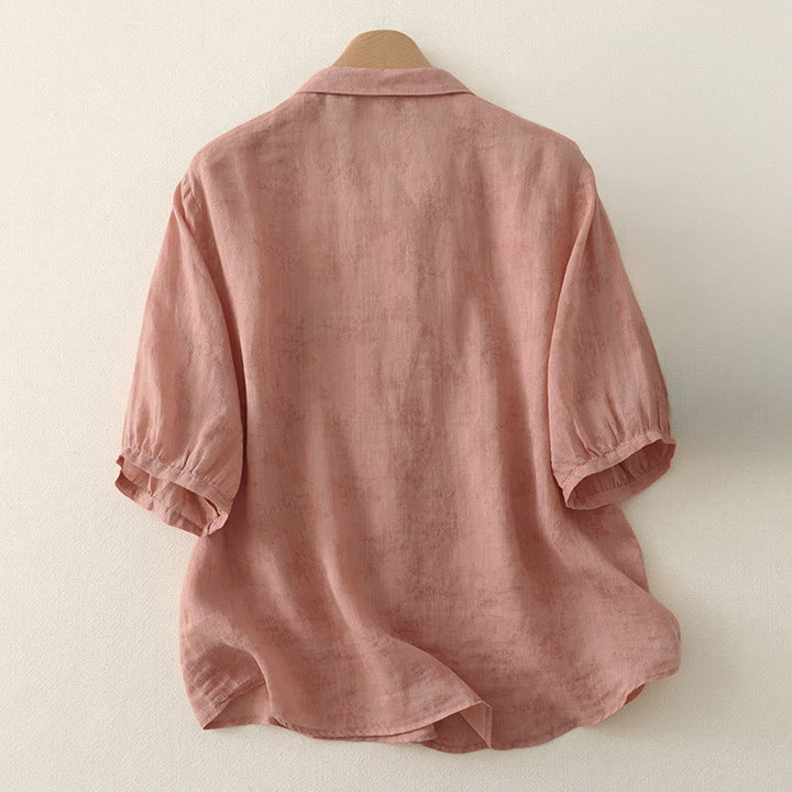 Buddha Stones スタンドカラー、刺繍ボタンデザイン、七分袖、夏用レディースシャツ - image 6