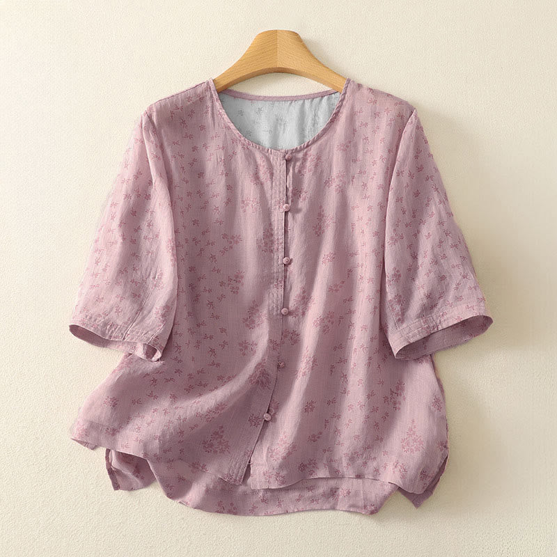 Buddha Stones カジュアルな花柄プリントの七分袖レディースボタンシャツ - ラベンダーブラッシュ - US12、 UK/AU16、 EU44 (3XL) - image 0