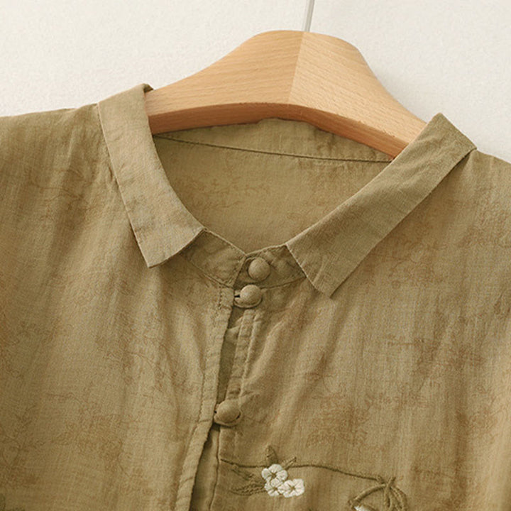 Buddha Stones スタンドカラー、刺繍ボタンデザイン、七分袖、夏用レディースシャツ - image 15