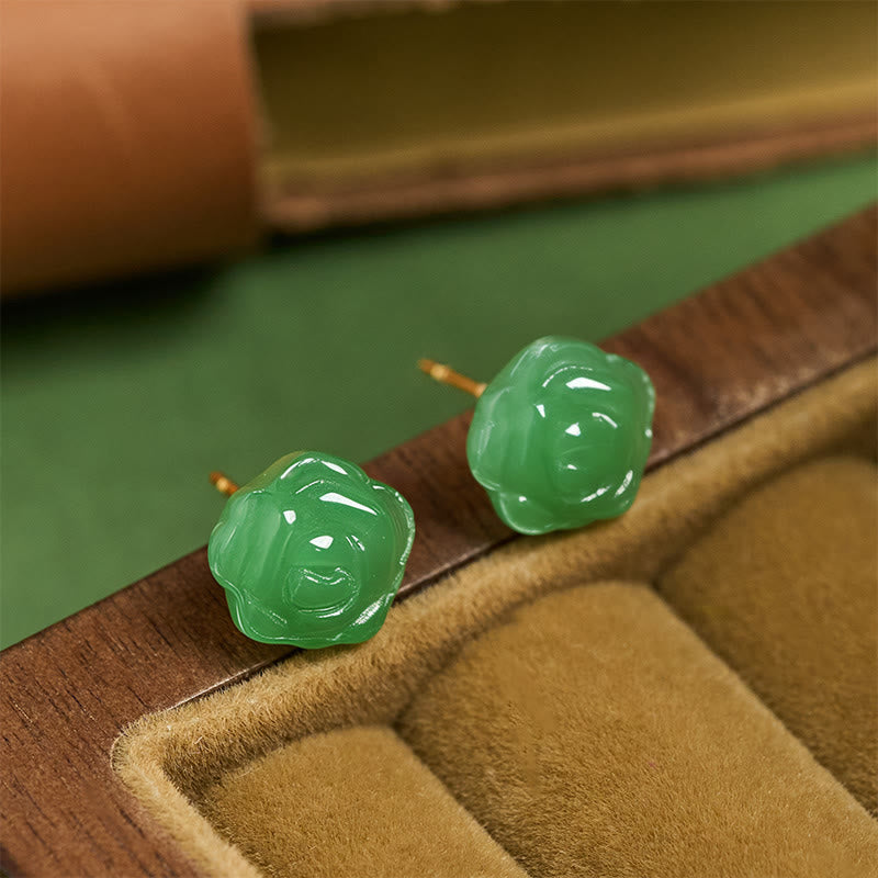 Buddha Stones 925スターリングシルバー製グリーンカルセドニーローズピアス（強さと勇気） - グリーンカルセドニー（925スターリングシルバー製ポスト） - image 0