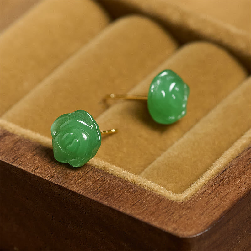 Buddha Stones 925スターリングシルバー製グリーンカルセドニーローズピアス（強さと勇気） - image 1