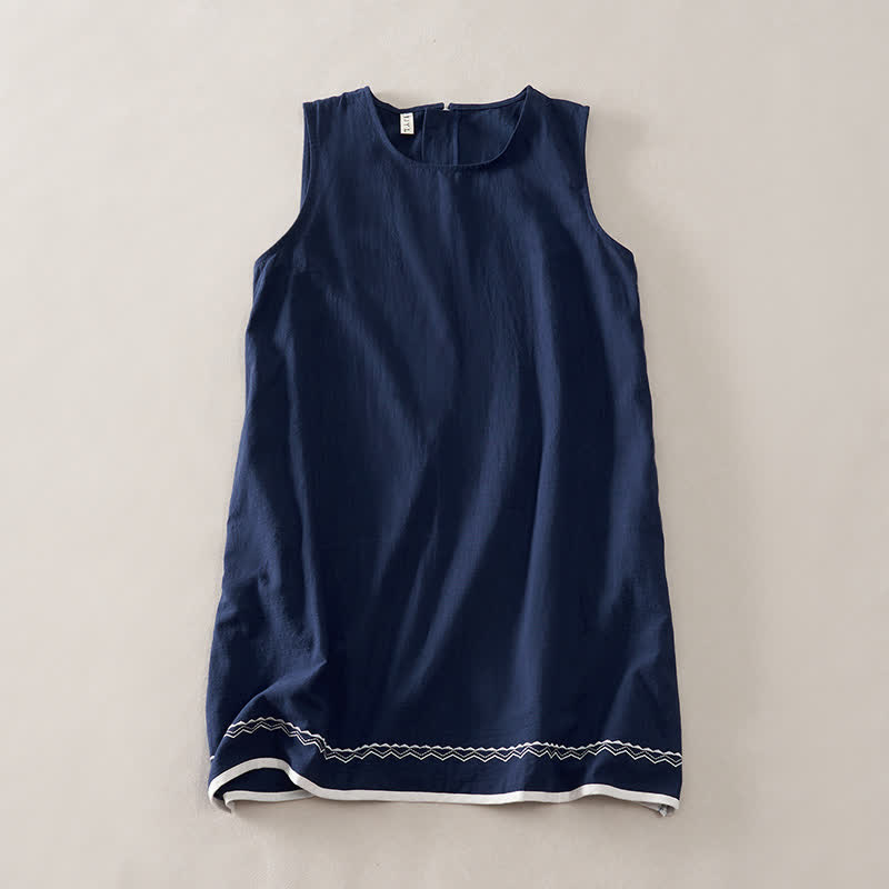 Buddha Stones 夏物刺繍裾バックファスナーデザインノースリーブ無地ミニドレス（ポケット付き） - 海軍 - US12、 UK/AU16、 EU44 (2XL) - image 0