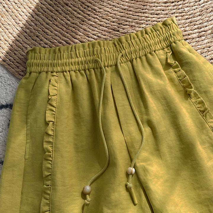 Buddha Stones 夏用ドローストリングフリルゴムウエストレディースショートパンツ（ポケット付き） - image 1