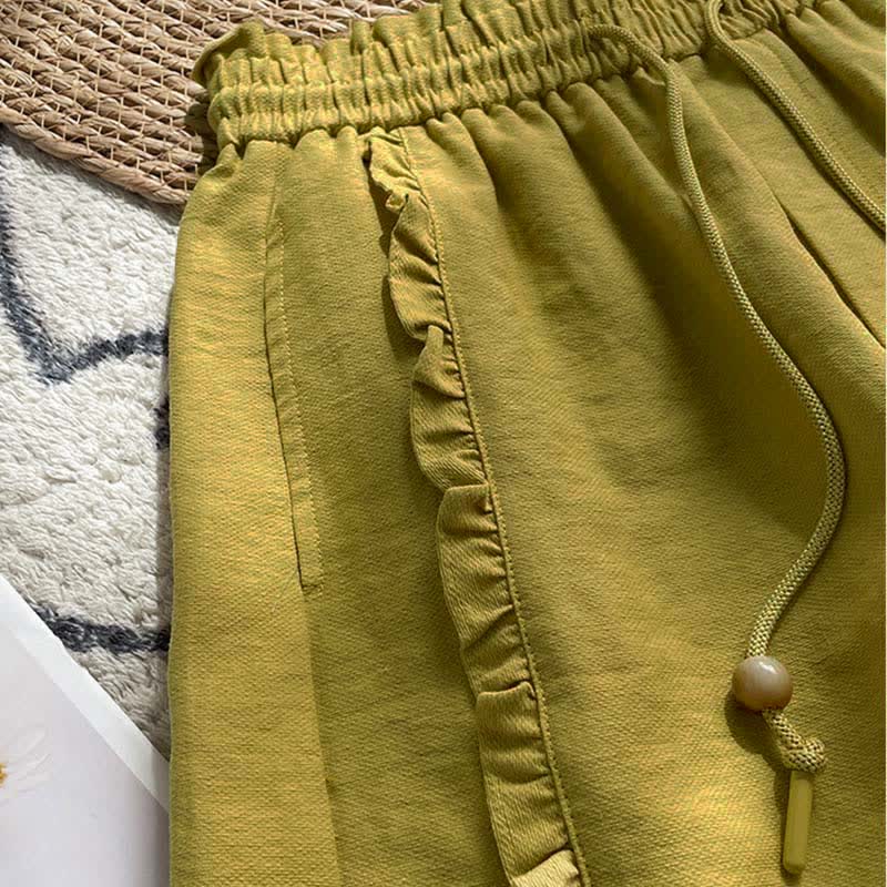 Buddha Stones 夏用ドローストリングフリルゴムウエストレディースショートパンツ（ポケット付き） - image 3