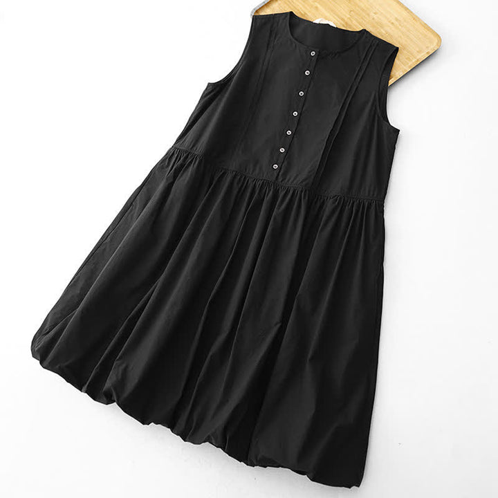 Buddha Stones 夏用ボタン付きプリーツ膝丈ノースリーブワンピース（ポケット付き） - 黒 - US12、 UK/AU16、 EU44 (2XL) - image 14