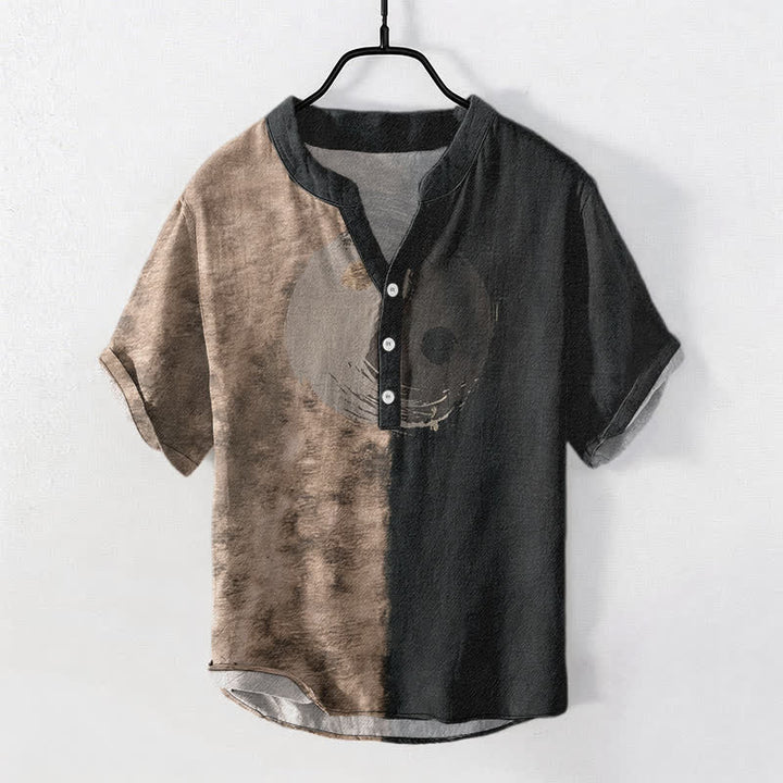 Buddha Stones コットン ツートーン 太地水墨プリント メンズ 半袖 ハーフボタンシャツ - タン - US/UK/AU50、EU60（5XL） - image 0