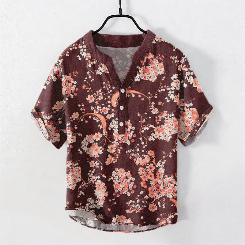 Buddha Stones コットン製ピンク花柄ヘンリーネックメンズ半袖ハーフボタンシャツ - ダークレッド - US/UK/AU50、EU60（5XL） - image 5