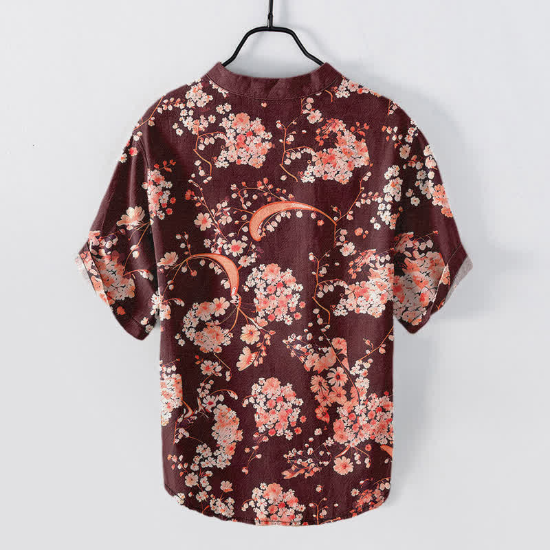 Buddha Stones コットン製ピンク花柄ヘンリーネックメンズ半袖ハーフボタンシャツ - image 6