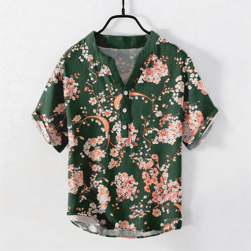 Buddha Stones コットン製ピンク花柄ヘンリーネックメンズ半袖ハーフボタンシャツ - ダークグリーン - US/UK/AU50、EU60（5XL） - image 10