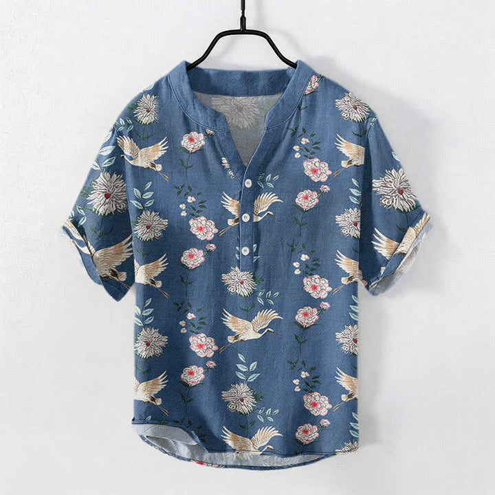 Buddha Stones コットンクレーン柄のメンズ半袖ハーフボタンシャツ - スチールブルー - US/UK/AU50、EU60（5XL） - image 0