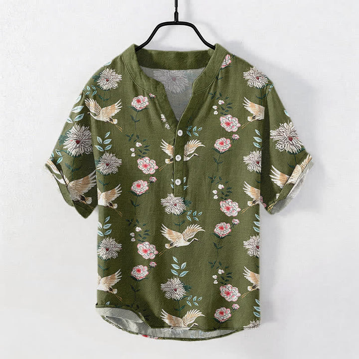 Buddha Stones コットンクレーン柄のメンズ半袖ハーフボタンシャツ - ダークオリーブグリーン - US/UK/AU50、EU60（5XL） - image 5