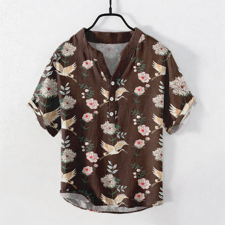 Buddha Stones コットンクレーン柄のメンズ半袖ハーフボタンシャツ - サドルブラウン - US/UK/AU50、EU60（5XL） - image 10