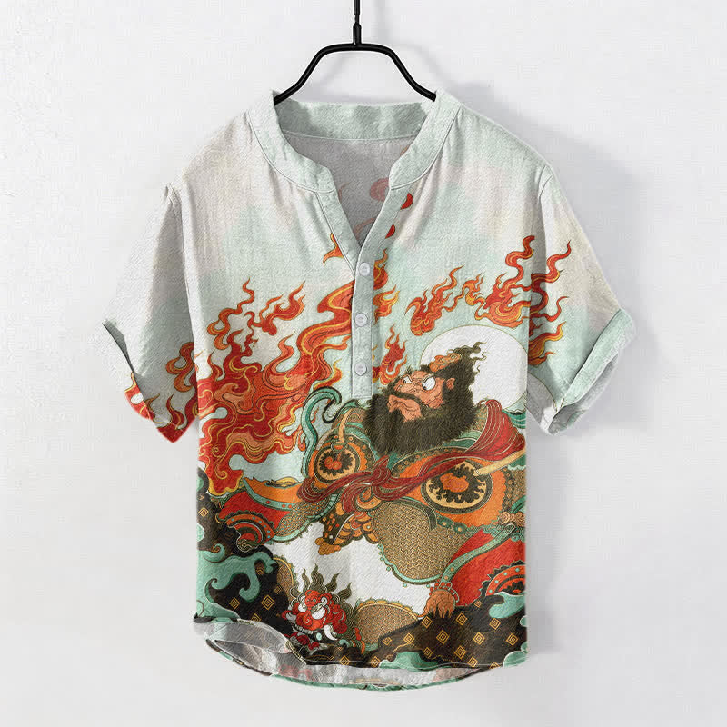 Buddha Stones コットン製、ミシックフレイムプリント、メンズ半袖ハーフボタンシャツ - 甘露 - US/UK/AU50、EU60（5XL） - image 5