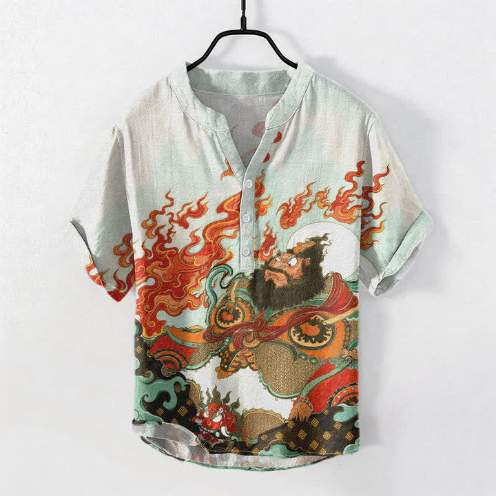 Buddha Stones コットン製、ミシックフレイムプリント、メンズ半袖ハーフボタンシャツ - 甘露 - US/UK/AU50、EU60（5XL） - image 5