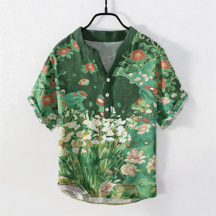 Buddha Stones コットン製トロピカルフローラルプリントメンズ半袖ハーフボタンシャツ - シーグリーン - US/UK/AU50、EU60（5XL） - image 5