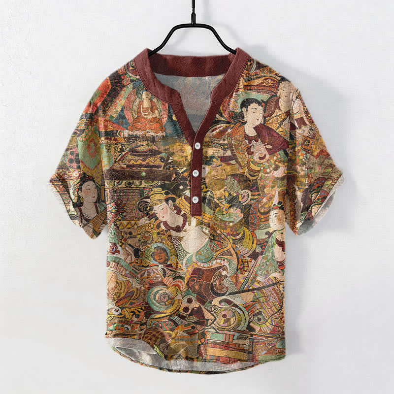 Buddha Stones コットン製ポートレートプリントメンズ半袖ハーフボタンシャツ - ダークレッド - US/UK/AU50、EU60（5XL） - image 0