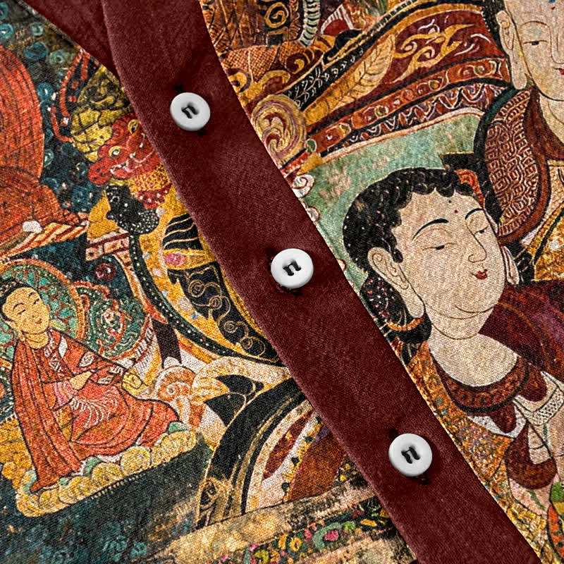 Buddha Stones コットン製ポートレートプリントメンズ半袖ハーフボタンシャツ - image 3