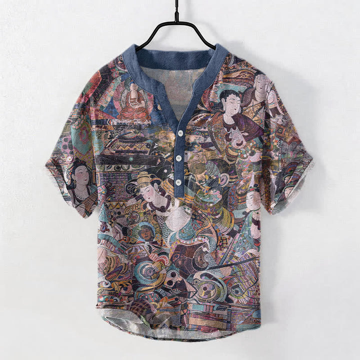 Buddha Stones コットン製ポートレートプリントメンズ半袖ハーフボタンシャツ - スチールブルー - US/UK/AU50、EU60（5XL） - image 5