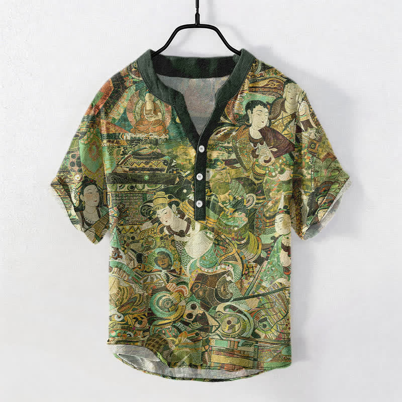 Buddha Stones コットン製ポートレートプリントメンズ半袖ハーフボタンシャツ - ダークグリーン - US/UK/AU50、EU60（5XL） - image 7