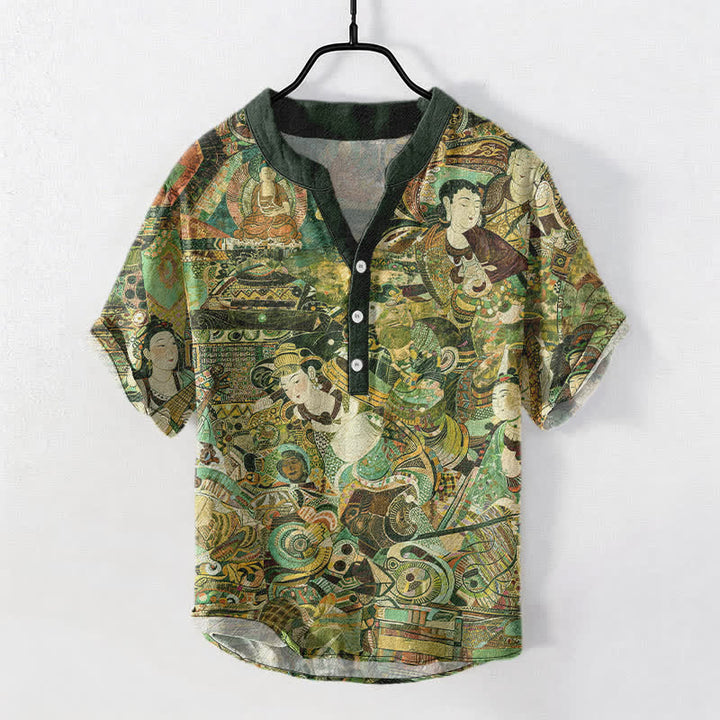 Buddha Stones コットン製ポートレートプリントメンズ半袖ハーフボタンシャツ - ダークグリーン - US/UK/AU50、EU60（5XL） - image 7