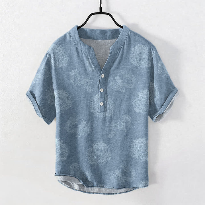 Buddha Stones コットン製ドラゴンプリントメンズ半袖ハーフボタンシャツ - ライトスカイブルー - US/UK/AU50、EU60（5XL） - image 0