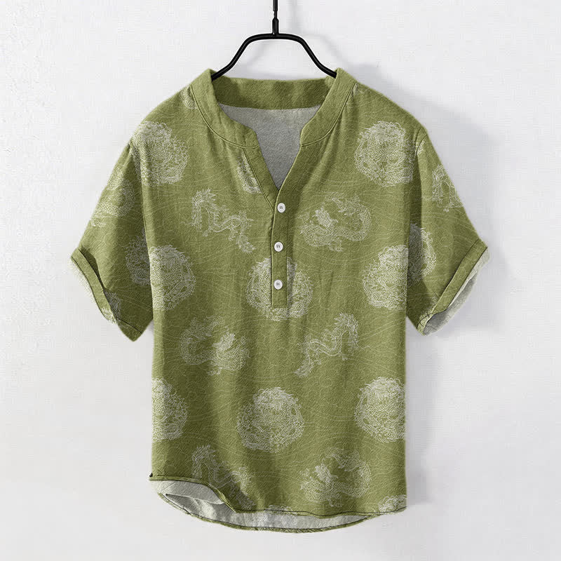 Buddha Stones コットン製ドラゴンプリントメンズ半袖ハーフボタンシャツ - 黄緑 - US/UK/AU50、EU60（5XL） - image 5