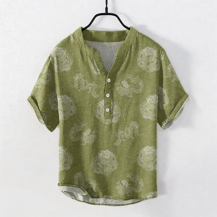 Buddha Stones コットン製ドラゴンプリントメンズ半袖ハーフボタンシャツ - 黄緑 - US/UK/AU50、EU60（5XL） - image 5