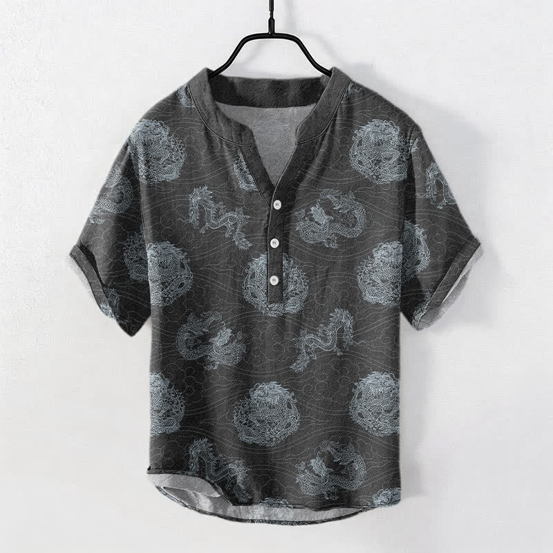 Buddha Stones コットン製ドラゴンプリントメンズ半袖ハーフボタンシャツ - 薄暗い灰色 - US/UK/AU50、EU60（5XL） - image 7