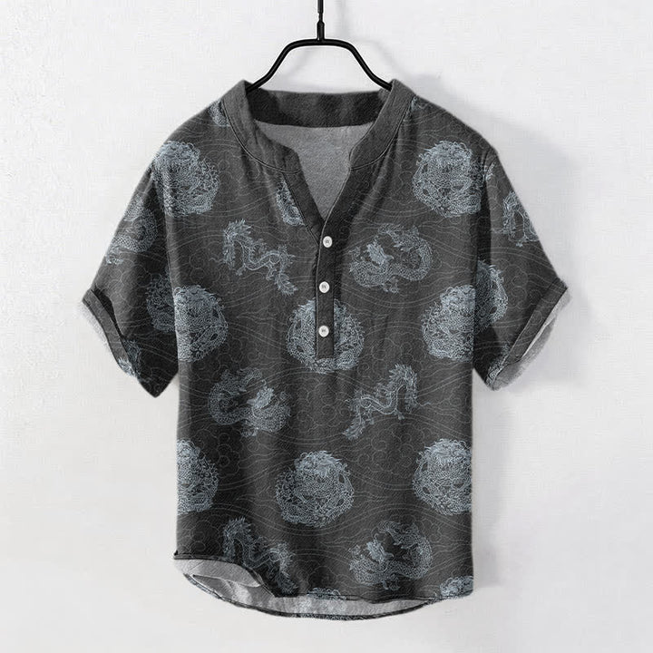 Buddha Stones コットン製ドラゴンプリントメンズ半袖ハーフボタンシャツ - 薄暗い灰色 - US/UK/AU50、EU60（5XL） - image 7
