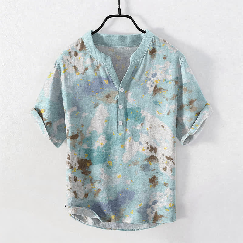 Buddha Stones コットン水彩スプラッシュ柄メンズ半袖ハーフボタンシャツ - ペールターコイズ - US/UK/AU50、EU60（5XL） - image 0