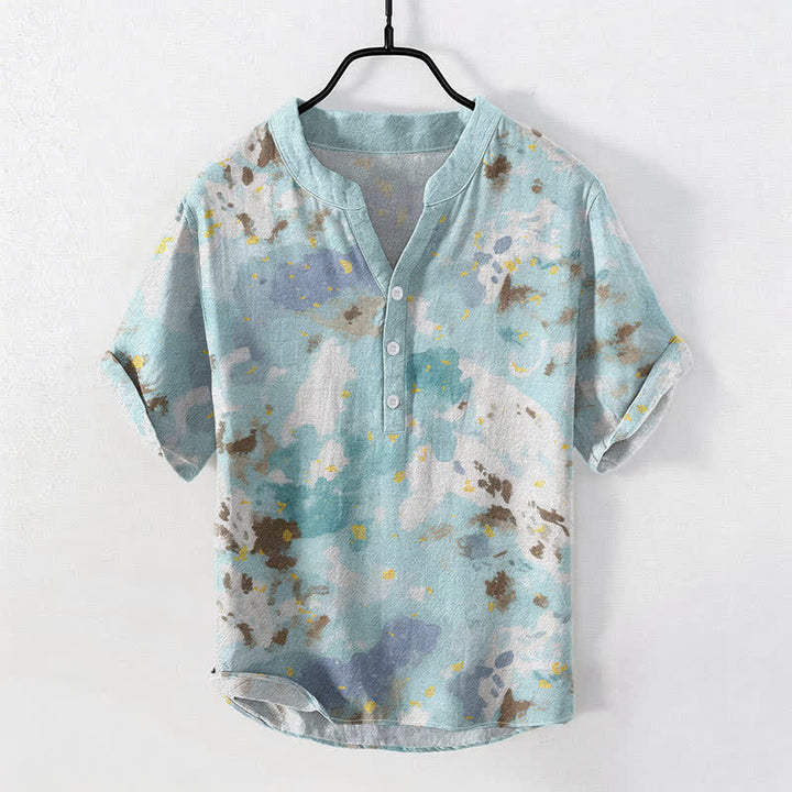 Buddha Stones コットン水彩スプラッシュ柄メンズ半袖ハーフボタンシャツ - ペールターコイズ - US/UK/AU50、EU60（5XL） - image 0