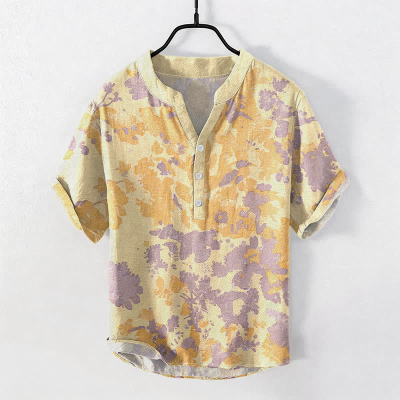 Buddha Stones コットン水彩花柄ヘンリーネックメンズ半袖ハーフボタンシャツ - カーキ - US/UK/AU50、EU60（5XL） - image 3